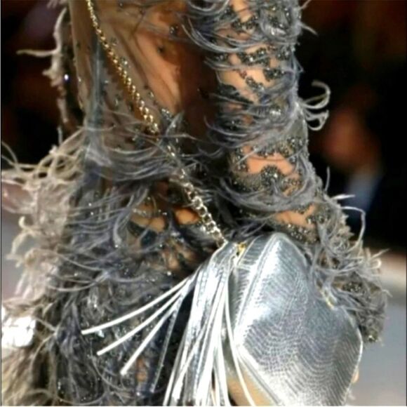 Victoria Secret Silver Metallic Crossbody Bag tassel Accent Chain Strap Bag EUC - Picture 1 of 7